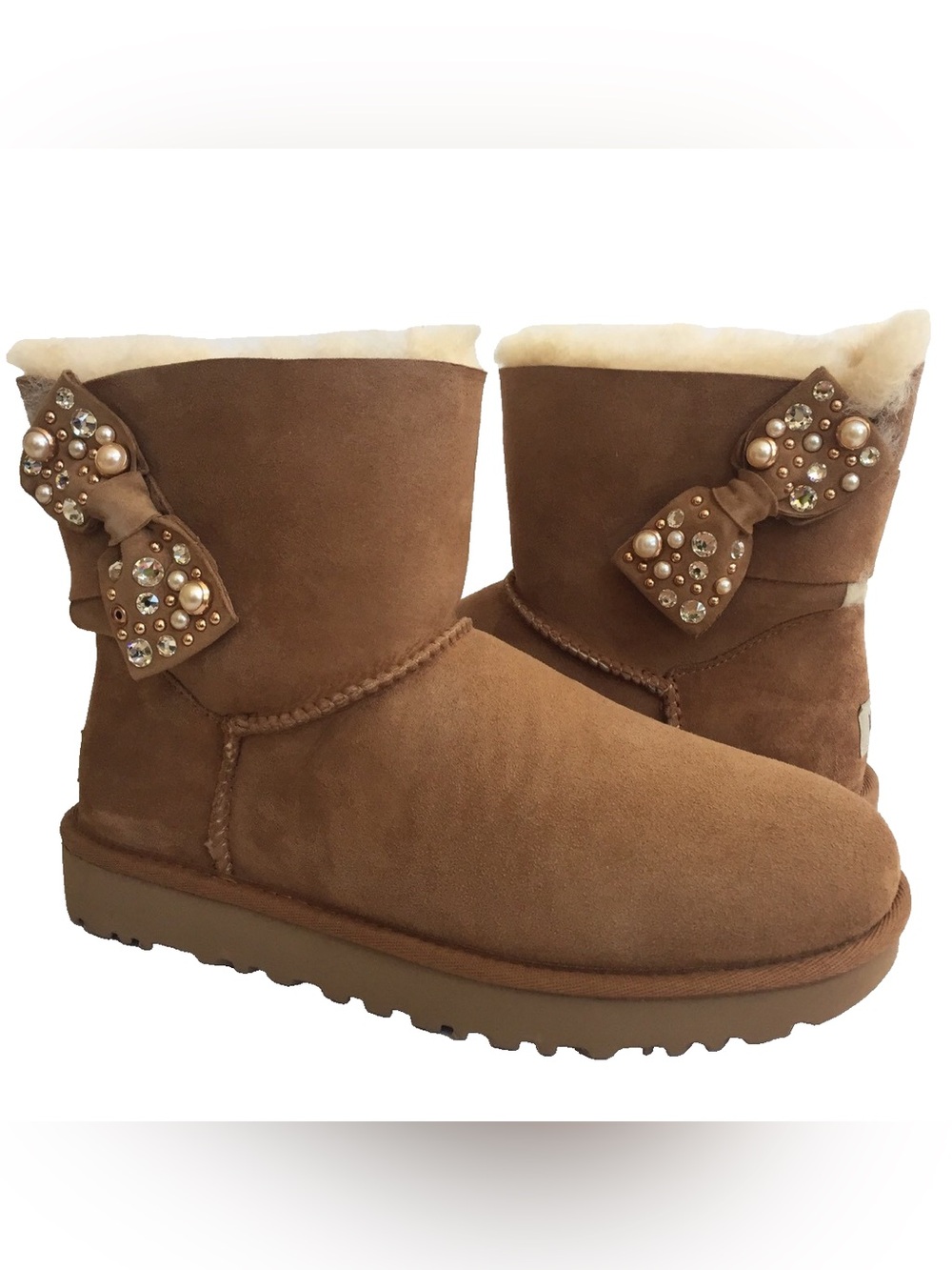 UGG Mini Bailey Bow Brilliant Chestnut Suede Crystal Bow Boots Size 9